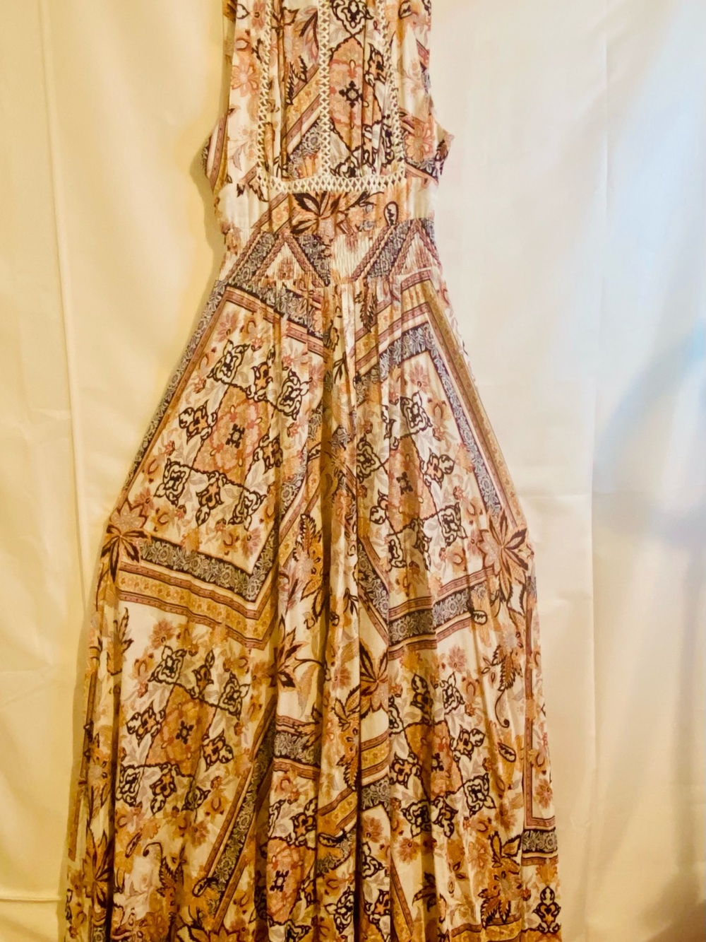 Bohemian Patchwork Halter Maxi Dress in Beige and Brown